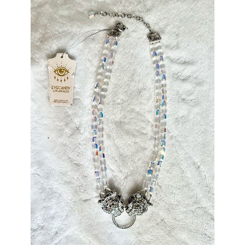 EYE CANDY LUXE Collection Aurora Borealis Dual Crystal Cube Panther Necklace NWT - Picture 2 of 8